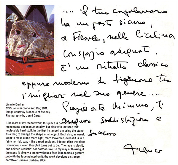 Biglietto inviato da Franco Belgiorno-Nettis a Mimmo Alfarone
