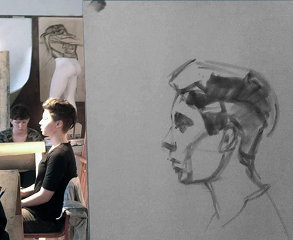 Disegno dal vero di Mimmo Alfarone durante una lezione sul ritratto nella sua aula del Liceo Artistico Statale Marco Polo